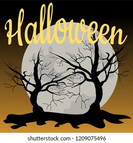 Vector illustration big moon night dark trees halloween bat