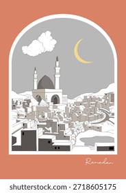 Ilustración vectorial de una gran mezquita con minaretes en un paisaje urbano o paisaje urbano con nubes y una media luna en un tema de color monótono dentro de un marco de ventana de arco con texto de muestra.