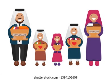 Vector Illustration Of Big Muslim Family Of Volunteers Are Holding Donation Boxes. Concept Of Clothes Donation. Social Care And Charity Concept