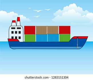 Vector illustration of the big nave in cargo in container in open sea