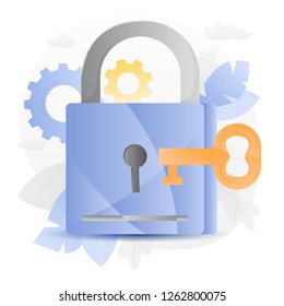 Vector illustration of a big padlock with key over white background surrounded by light gradiented leaves, cogwheels and clouds.