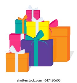 Vector illustration big pile of colorful wrapped gift boxes isolated on white background.