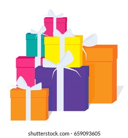Vector illustration big pile of colorful wrapped gift boxes isolated on white background.
