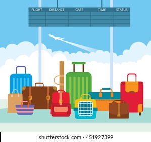 Vector illustration of a big pile diverse luggage in the departure lounge of the airport. Suitcases, bags, carrying animal backpack.
