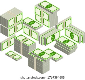 Vector illustration big pile of dollars cash. Concept of big money. Vector isometric illustration in flat style. Package modern design isolated on white background.
