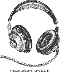 Vector illustration of a big professional studio headphones or earphones. Vintage hand drawn engraving style.