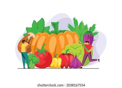 Vector illustration, big pumpkin with lot of organic veggies and peoples background.