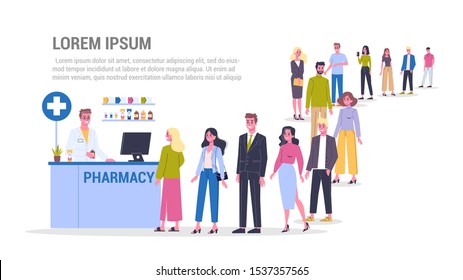 Vector illustration of big queue of people standing towards a pharmacy store. Adults standing in the long crowd waiting for their turn. to by medecines