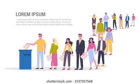 Vector illustration of big queue of people standing towards money. Adults standing in he long crowd waiting for their turn.