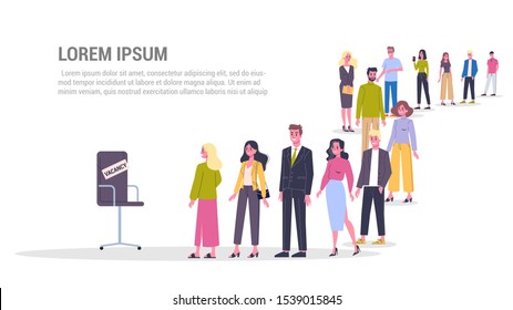 Vector illustration of big queue of people standing towards a vacancy. Adults standing in the long crowd. Idea of employment.