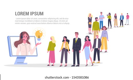 Vector illustration of big queue of people standing towards a customer service. Woman support clients and help them with problems. Adults standing in the long crowd waiting for their turn.