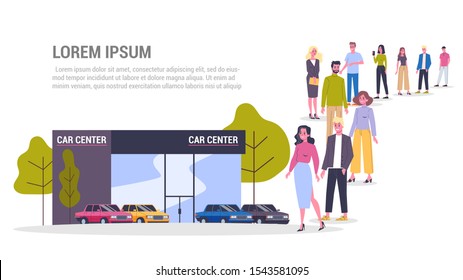 Vector illustration of big queue of people standing towards a car center. Adults standing in the long crowd waiting for their turn.