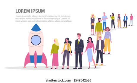 Vector illustration of big queue of people standing towards a rocket. Adults standing in the long crowd waiting for their turn. Startup concept. Business development and creative thinking.