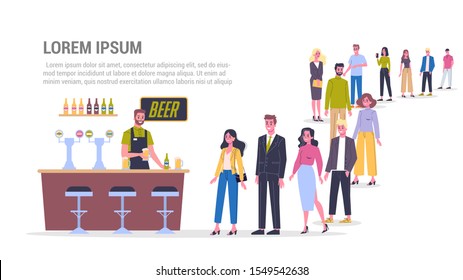 Vector illustration of big queue of people standing towards a bar to buy a pint of a beer. Crowd in the pub. Adults standing in the long crowd waiting for their turn.