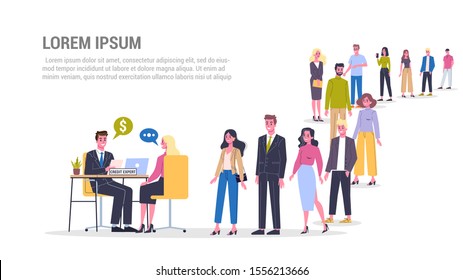 Vector illustration of big queue of people standing towards a credit expert. Credit concept web banner. Idea of banking system and payment. People in the long crowd waiting for their turn.