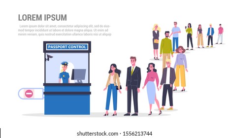 Vector illustration of big queue of people standing in the airport at passport control. People with ID document. International transportation. Adults standing in the long crowd waiting for their turn.