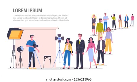 Vector illustration of big queue of people standing towards a photo studio to make a photoshoot. Various equipment such as softbox and camera. Adults standing in the long crowd waiting for their turn.