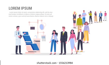 Vector illustration of big queue of people standing towards a dentist. Idea of dental care and oral hygiene. Stomatology and teeth treatment. Adults standing in the long crowd waiting for their turn.