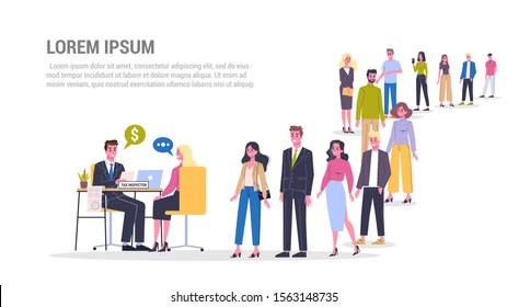 Vector illustration of big queue of people standing towards a tax inspector. Idea of accounting and payment. Financial bill. Data in the document and paperwork. Flat vector illustration