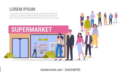 Vector illustration of big queue of people standing towards a supermarket to buy food. Queue to the grocery store. Adults standing in the long crowd waiting for their turn.