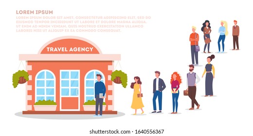 Vector illustration of big queue of people standing towards a travel agency to buy a tour and travel around the world. Adults standing in the long crowd waiting for their turn.