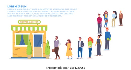 Vector illustration of big queue of people standing towards a travel agency to buy a tour and travel around the world. Adults standing in the long crowd waiting for their turn.