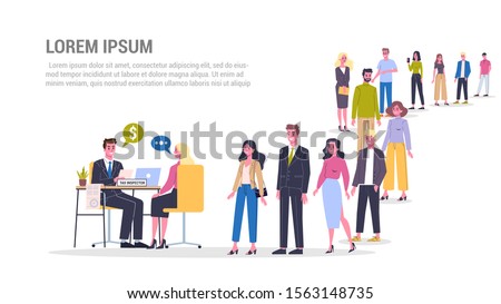 Vector illustration of big queue of people standing towards a tax inspector. Idea of accounting and payment. Financial bill. Data in the document and paperwork. Flat vector illustration