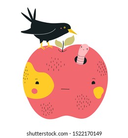 Vector illustration with big red apple, crow bird and worm. Funny cartoon style print design with fruit and animals, life cycle, awkward situation