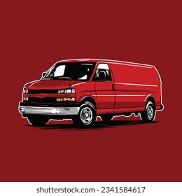 vector illustration of a big red blind van with pose 34 front view angle. isolated on red background