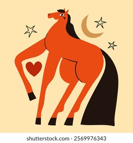 Vector illustration with big red horse and small heart. Doodle stars and moon. Symbol of New Year 2026 print design with animal, romantic 14 February greeting card template, home decoration poster