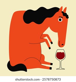 Vector illustration with big red horse and glass of red wine or cocktail. Symbol of New Year 2026 print design with animal, funny greeting card template with farm animal, home decoration poster