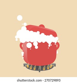 Vector illustration of the big red pot. Hot water or milk boiling and opening the dish.