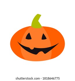 Vector illustration of a big round pumpkin with a smile and eyes. Design element for halloween for home decoration for the holiday. Big bright red cute pumpkin in flat style for print and interior