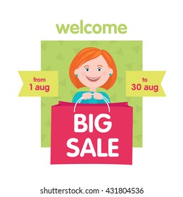 Vector illustration with big sale banner. Woman holding shopping bag.