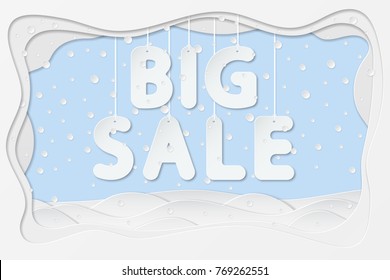 vector illustration of big sale lettering hanging on rope as layered paper cutting art design