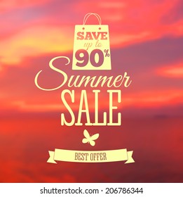 Vector illustration of big sale poster with different element. Natural background with seaside. Badge. Designed text. Template