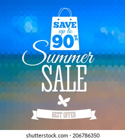 Vector illustration of big sale poster with different element. Natural background with seaside. Badge. Designed text. Template