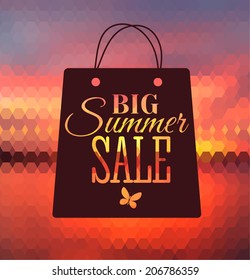 Vector illustration of big sale poster with different element. Natural background with seaside. Badge. Designed text. Template