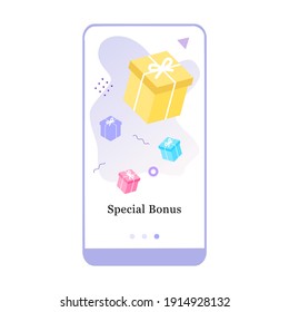 Vector illustration of Big sale, Special Gifts and Best Discount on the onboarding app screen and web concept. Modern interface onboard UX, UI GUI screen template for smart phone or web site banner.