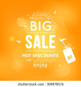 Vector illustration of Big sale typography on blurred background - with sample text, sun, birds