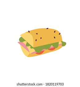 Vector illustration big sandwich with meat and cheese, tomato and greenery