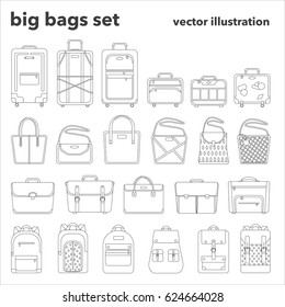 Vector illustration big set of bags. Luggage, women's bags, briefcases and backpacks icon. Coloring book