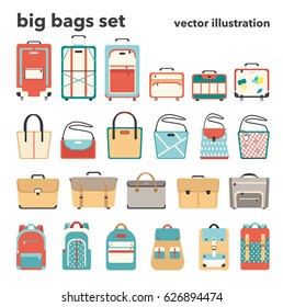 Vector illustration big set of bags. Luggage, women's bags, briefcases and backpacks in flat design style