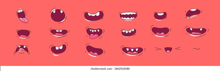 Vector illustration. Big set of cartoon mouths and smiles. Painted style, illustration with outline.   