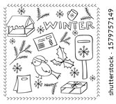 Vector illustration. Big set of Christmas and winter elements in cartoon style: bird, envelope, mailbox.Isolated  object on a white background. New Year design for  card,stickers, coloring book.