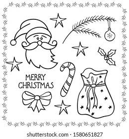 Vector illustration. Big set of Christmas and winter elements in cartoon style: santa, bag with gifts, caramel. Isolated  object on white background. New Year design for  card,stickers, coloring book.