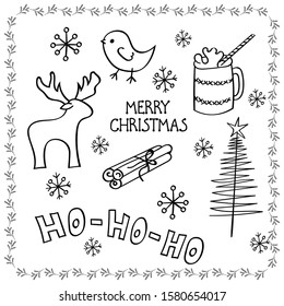 Vector illustration. Big set of Christmas and winter elements in cartoon style: bird,deer,cinnamon.Ho ho ho letering.Isolated on white background.New Year design for card,stickers,coloring book.