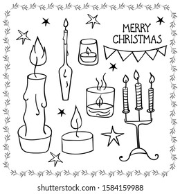 Vector illustration. Big set of Christmas and winter elements in cartoon style: candle holders.Isolated  object on white background.New Year design for card,stickers,coloring book.