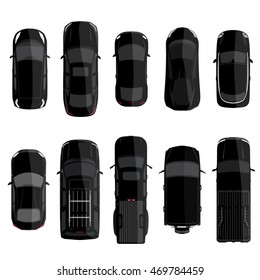 Vector illustration big set, collection black cars top view. Sport car, pickup truck, sedan, small mini car and offroad car