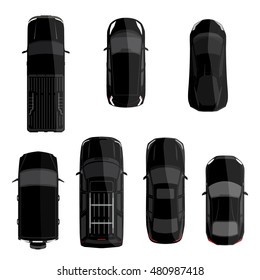 Vector illustration big set, collection black cars top view. Sport car, pickup truck, sedan, small mini car and offroad car